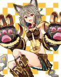  :3 :d animal_ears artist_name ayuto bangs boots breasts brown_footwear cat_ears cat_paws checkered checkered_background claw_(weapon) collar erune eyebrows eyebrows_visible_through_hair fangs gloves granblue_fantasy green_skirt grey_hair hair_between_eyes long_hair looking_at_viewer medium_breasts miniskirt open_mouth orange_eyes outline paw_gloves paws sen_(granblue_fantasy) sitting skirt smile solo weapon 