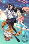  artist_name black-framed_eyewear black_hair digimon digimon_adventure_tri. eclosion glasses hime_cut meicoomon mochizuki_meiko multiple_girls pantyhose red_eyes sandals sky tears time_paradox younger 