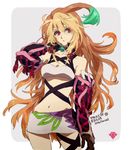  1girl ahoge bare_shoulders breasts brown_hair character_name choker cleavage copyright_name elbow_gloves gloves midriff milla_maxwell multicolored_hair navel open_mouth pink_eyes skirt tales_of_(series) tales_of_xillia very_long_hair 