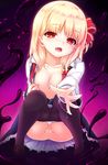  blonde_hair breasts censored darkness hair_ribbon highres nipples open_clothes open_shirt panties panties_under_pantyhose panty_pull pantyhose pantyhose_pull pussy pussy_juice reaching_out red_eyes ribbon rumia shirt short_hair small_breasts solo squatting touhou underwear uro_(uroboros) 