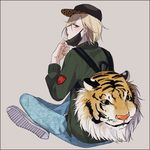  animal_print backpack bag baseball_cap black_border blonde_hair border green_eyes hat highres indian_style jacket leopard_print looking_back male_focus mask_pull sitting solo surgical_mask tiger tongue tongue_out yamada_chickenko yuri!!!_on_ice yuri_plisetsky 