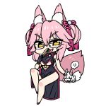  1girl :d animal_ear_fluff animal_ears black_dress chan_co chibi commentary_request dress eyebrows_visible_through_hair fang fate/grand_order fate_(series) fox_ears fox_tail full_body glasses grin hair_ribbon invisible_chair koyanskaya looking_at_viewer open_mouth pelvic_curtain pink_footwear pink_hair pink_ribbon ribbon semi-rimless_eyewear shoes sitting smile solo tail tassel twintails under-rim_eyewear yellow_eyes 