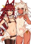 :d absurdres animal_ears arm_around_waist arm_belt bad_id bad_pixiv_id bandaged_arm bandages bangs bikini black_bikini black_legwear breasts cameltoe choker cleavage covered_navel covered_nipples cowboy_shot dark_skin eyebrows eyebrows_visible_through_hair fox_ears fur_trim groin hair_between_eyes hand_wraps highres leg_tattoo long_hair looking_at_viewer messy_hair multiple_girls navel nipples one-piece_swimsuit open_mouth original red_eyes red_hair ribs see-through side-by-side silver_hair simple_background sketch skin_tight slm small_breasts smile strap_gap sweat swimsuit tail tattoo thighhighs torn_clothes w white_background white_swimsuit wristband 