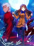  1girl archer black_legwear blue_bow bow bowtie brown_eyes brown_hair brown_skirt chain fate/extra fate_(series) fuyuki_(neigedhiver) highres kishinami_hakuno_(female) looking_at_viewer moon number open_mouth pantyhose pleated_skirt short_hair silver_hair skirt 