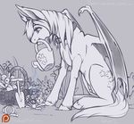  2015 bat_pony bat_wings breasts collar fan_character female feral gardening membranous_wings monochrome my_little_pony nipples phathusa sitting solo teats wallflower_(character) water watering_can wings 