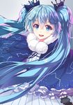  blue_bow blue_eyes blue_hair bow constellation constellation_print dress fuyu_no_yoru_miku hair_between_eyes hair_bow hatsune_miku highres long_hair mhong open_mouth solo twintails vocaloid 