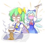  chopsticks cirno daiyousei excited highres instant_ramen open_mouth peroponesosu. pouring shaded_face sink smile square_mouth steam touhou v-shaped_eyebrows white_background worried 