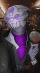  alcohol alien beverage black_clothing claws clothed clothing detailed_background fan_character feranta glass glowing glowing_eyes grey_body half-length_portrait inside leifkin light looking_at_viewer male markings mass_effect no_pupils photo_background portrait purple_clothing purple_eyes purple_markings purple_sclera selfie shaded shirt signature slim suit turian video_games white_claws white_clothing wine wine_glass 