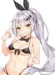  1girl :q absurdres bangs bare_shoulders bikini black_bikini black_bow black_neckwear black_ribbon bow bowtie breasts cleavage collarbone commentary eyebrows_visible_through_hair five-seven_(girls_frontline) girls_frontline hair_ribbon head_tilt highres long_hair looking_at_viewer medium_breasts multi-strapped_bikini navel revision ribbon rikoma side_ponytail silver_hair simple_background skindentation solo stomach string_bikini swimsuit tongue tongue_out underboob upper_body v very_long_hair white_background yellow_eyes 