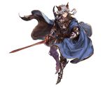  animal_ears armor belt brown_eyes cape cat_ears chain circlet closed_mouth erune full_body granblue_fantasy hair_tubes holding holding_sword holding_weapon long_hair male_focus minaba_hideo official_art seruel silver_hair solo spikes sword transparent_background weapon 