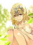  bangs bare_arms blonde_hair blue_eyes blurry breasts cleavage closed_mouth collarbone dappled_sunlight day depth_of_field eyebrows eyebrows_visible_through_hair eyelashes fate/apocrypha fate/grand_order fate_(series) ganik headpiece jeanne_d'arc_(fate) jeanne_d'arc_(fate)_(all) knees_up large_breasts looking_at_viewer plant purple_eyes sitting sleeveless solo spaghetti_strap strap_slip sunlight 