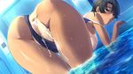  1girl all_fours anus ass black_hair breasts censored cum cum_on_ass female game_cg huge_ass kurose_mari m&amp;m moaning nipples one-piece_swimsuit pussy pussy_juice sex short_hair smile solo_focus spread_anus sweat swimsuit swimsuit_aside tan tanline tears verethragna_seisen_no_duelist water 