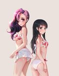  ass asymmetrical_hair bad_id bad_pixiv_id bikini bikini_skirt brown_hair d.va_(overwatch) highres long_hair looking_at_viewer multicolored_hair multiple_girls overwatch purple_hair rabbit_(tukenitian) sombra_(overwatch) swimsuit two-tone_hair undercut 