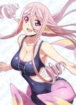  blue_eyes breasts cleavage drill_hair gills head_fins highres long_hair looking_at_viewer medium_breasts mermaid meroune_lorelei misopetha-menos monster_girl monster_musume_no_iru_nichijou one-piece_swimsuit open_mouth pink_hair smile solo swimsuit twin_drills webbed_hands 