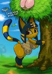  2016 animal_crossing ankha anthro bent_over big_breasts big_butt bottomless breasts butt cat clothed clothing cloud egyptian english_text feline female food frown fruit grass leaves mammal nintendo noseless outside peach_(fruit) sad simple_background slightly_chubby solo speech_bubble teckworks text thick_thighs tree video_games 