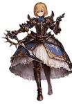  armor armored_boots armored_dress black_armor black_footwear black_legwear blonde_hair boots breastplate brown_eyes dark_fencer_(granblue_fantasy) djeeta_(granblue_fantasy) full_body gauntlets granblue_fantasy holding holding_weapon looking_at_viewer minaba_hideo official_art short_hair shoulder_pads simple_background solo standing sword thighhighs third-party_edit weapon white_background 