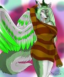  breasts brown_sweater canine chaos chaos_form clothing ear_piercing facial_piercing fangs feathers highlights horn industrial_piercing invalid_color lip_piercing mammal piercing shiarah snakebite_piercing striped_sweater stripes sweater wide_hips wings wolf wolf_hybrid 