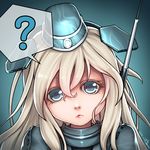  2016 ? antennae bangs blonde_hair blue blue_background blue_eyes colored_eyelashes dated garrison_cap hair_between_eyes hat kantai_collection lips long_hair looking_at_viewer parted_lips portrait ryu_un signature solo spoken_question_mark stitches u-511_(kantai_collection) 