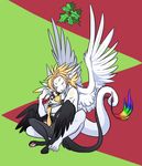  angel angel_dragon anthro avian blonde_hair caro_paez cuddling cute dragon duo feathered_wings feathers gryphon hair happy leoketsal love_bite male male/male mistletoe plant romantic_couple siegfried skoop wings 