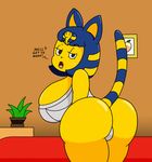  2016 animal_crossing ankha anthro big_breasts blush breasts butt cat digital_media_(artwork) egyptian english_text feline female fur hair looking_at_viewer looking_back mammal mr.under nintendo open_mouth presenting presenting_hindquarters simple_background solo text video_games yellow_fur 