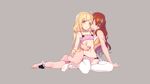  2girls blonde_hair bra breasts brown_eyes brown_hair futaba_anzu garter gray idolmaster idolmaster_cinderella_girls long_hair moroboshi_kirari navel nilitsu panties shoujo_ai stockings twintails underwear wink yellow_eyes 