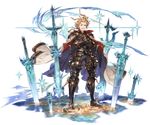  ahoge armor belt black_pants blonde_hair blue_eyes cape crossed_arms full_body granblue_fantasy greaves looking_at_viewer male_focus minaba_hideo official_art open_mouth pants planted_sword planted_weapon puddle sheath sheathed siete smirk smug solo space standing star_(sky) sword teeth transparent_background weapon 