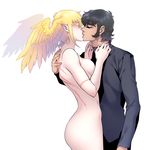  androgynous angel_wings ass asuka_ryou black_hair blonde_hair breasts closed_eyes devilman eyebrows fudou_akira head_wings hermaphrodite kiss male_focus medium_breasts multiple_boys nude piooozzing satan_(devilman) scar short_hair sideburns turtleneck wings yaoi 