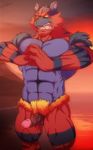  2016 abs anthro balls big_muscles black_fur claws digital_media_(artwork) erection fangs feline funeral-paws fur humanoid_penis incineroar looking_at_viewer male mammal muscular muscular_male nintendo nude open_mouth pecs penis pok&eacute;mon pubes red_fur solo teeth vein video_games 