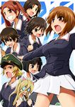  animal_ears bangs black_eyes black_hair blonde_hair blue_jacket brown_eyes brown_hair coke-bottle_glasses commentary erwin_(girls_und_panzer) fake_animal_ears girls_und_panzer glasses gloves green_shirt grin hair_between_eyes hair_ribbon hat highres holding isobe_noriko jacket kadotani_anzu long_hair long_sleeves mice_(sake_nomitai) military military_uniform miniskirt multiple_girls nakajima_(girls_und_panzer) nekonyaa nishizumi_miho ooarai_military_uniform open_mouth parted_bangs peaked_cap pleated_skirt ribbon sawa_azusa shirt short_hair skirt smile sono_midoriko twintails uniform white_skirt wrench 