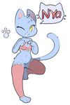  2016 anthro barefoot blue_fur bottomless breasts cat cat_lingerie cleavage clothed clothing digital_media_(artwork) fan_character feline female fur itsunknownanon legwear lingerie looking_at_viewer mammal navel one_eye_closed pose pussy text thigh_highs wink 