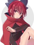  asa_(coco) black_shirt blue_bow blush bow cape commentary_request hair_bow high_collar knee_up looking_at_viewer miniskirt parted_lips red_cape red_eyes red_hair red_skirt sekibanki shirt short_hair sitting skirt solo touhou 