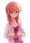  1girl alternate_hairstyle blush breasts cleavage cleavage_cutout clothing_cutout collarbone commentary_request full-face_blush idolmaster idolmaster_cinderella_girls jougasaki_mika long_hair looking_at_viewer medium_breasts momoda_yasuhito pajamas pink_hair simple_background sleeves_rolled_up smile solo upper_body white_background yellow_eyes 