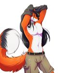  2016 anthro armpits black_hair black_nose canine clothed clothing fluffy fluffy_tail fox fur hair long_hair male mammal navel orange_fur shariea simple_background smile solo standing topless white_background white_fur 