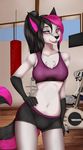  2016 anthro black_body black_bottomwear black_clothing black_fur black_hair black_nose black_tail bra breasts canine chest_tuft clothed clothing countershading coyote detailed_background digital_media_(artwork) dog eyelashes female front_view fully_clothed fur gloves_(marking) goober. grey_body grey_fur gym hair half-closed_eyes hand_on_hip hi_res husky hybrid inside jes_(kojotek) long_hair looking_at_viewer mammal markings midriff multicolored_body multicolored_fur multicolored_hair navel open_mouth open_smile pink_eyes pink_hair pink_tail ponytail portrait pose purple_topwear shaded shorts smile solo sports_bra standing teeth thigh_gap three-quarter_portrait tongue tuft two_tone_hair two_tone_tail underwear white_body white_fur 