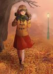  ankle_boots autumn autumn_leaves bare_tree black_gloves blurry boots brown_hair closed_mouth coat depth_of_field enpera expressionless fur_trim gloves green_eyes green_scarf highres idolmaster idolmaster_cinderella_girls kouhata_(tkhty) lamppost looking_away outdoors red_skirt scarf shibuya_rin short_hair skirt solo tree walking 