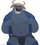  2016 anthro bovine buffalo bulge cape_buffalo chief_bogo clothed clothing disney ethancostas flaccid flat_colors horn jockstrap looking_at_viewer male mammal musclegut navel nipples pants_down partially_clothed pecs penis penis_outline pinup police_officer pose rape_face signature solo underwear uniform zootopia 