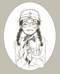  braid chi-hatan_military_uniform crying crying_with_eyes_open fukuda_(girls_und_panzer) girls_und_panzer glasses gun handgun highres holding holding_gun holding_weapon kani_aruki_(bucket_crawl) long_hair military military_uniform monochrome pistol sketch solo streaming_tears tears trembling twin_braids uniform upper_body weapon white_background 