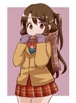  bow bowtie brown_eyes brown_hair closed_mouth commentary_request enpera eyebrows gloves highres idolmaster idolmaster_cinderella_girls long_hair long_sleeves looking_at_viewer miniskirt one_side_up plaid plaid_scarf plaid_skirt purple_gloves red_bow red_neckwear scarf school_uniform shimamura_uzuki shiny shiny_hair skirt smile solo urota_shimapann 