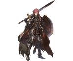  armor bangs belt black_lipstick cape full_body gauntlets granblue_fantasy greaves holding holding_sword holding_weapon lipstick long_hair looking_at_viewer makeup minaba_hideo official_art over_shoulder pink_eyes pink_hair shield side_ponytail solo standing sword torn_cape torn_clothes transparent_background tsurime volemia weapon weapon_over_shoulder 