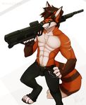  4_toes 5_fingers abs black_lips black_nose blue_eyes brown_hair bulge canine clothed clothing digitigrade fox fur gun hair holding_object holding_weapon looking_at_viewer male mammal muscular muscular_male navel orange_fur ranged_weapon simple_background smile solo standing toes topless weapon white_background white_fur wolflady 