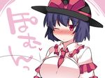  ;( between_breasts blush bouncing_breasts breasts capelet commentary hammer_(sunset_beach) hat heart large_breasts nagae_iku necktie necktie_between_breasts one_eye_closed purple_hair red_eyes short_hair solo sweat symbol_ricochet touhou translated upper_body 