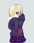  blonde_hair blood blood_stain breath brown_eyes cold ear_piercing grey_background hair_over_one_eye hood hood_down hoodie idolmaster idolmaster_cinderella_girls kanitama_(putyourhead) piercing plaid plaid_skirt pleated_skirt shirasaka_koume short_hair skirt sleeves_past_wrists solo translated upper_body 