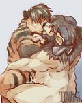  anthro canine cum duo eyes_closed eyewear feline fur glasses hair horn hug hybrid male male/male mammal obese overweight tenaflux tiger 