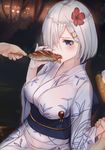  akasaai backlighting blue_eyes blurry blurry_background blush breasts collarbone corn covered_nipples eating feeding flower food hair_flower hair_ornament hair_over_one_eye hairclip hamakaze_(kantai_collection) hibiscus highres holding holding_food ikayaki japanese_clothes kantai_collection kimono large_breasts long_sleeves night outdoors sash shiny shiny_hair short_hair silver_hair sitting solo_focus squid sweat underbust wide_sleeves wrist_grab yukata 