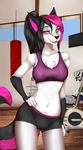  2016 anthro black_body black_bottomwear black_clothing black_fur black_hair black_nose black_tail bra breasts canine chest_tuft clothed clothing countershading coyote detailed_background digital_media_(artwork) dog eyelashes female fingerless_(marking) front_view fully_clothed fur gloves_(marking) goober. grey_body grey_fur gym hair half-closed_eyes hand_on_hip husky hybrid inside jes_(kojotek) long_hair looking_at_viewer mammal markings midriff multicolored_body multicolored_fur multicolored_hair navel open_mouth open_smile pink_eyes pink_hair pink_tail ponytail portrait pose purple_topwear shaded shorts signature smile solo sports_bra standing teeth thigh_gap three-quarter_portrait tongue tuft two_tone_hair two_tone_tail underwear white_body white_fur 