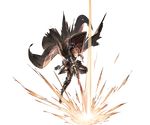  armor attack bangs belt black_lipstick cape full_body gauntlets granblue_fantasy holding holding_sword holding_weapon lipstick long_hair makeup minaba_hideo official_art pink_eyes pink_hair shield side_ponytail solo sword torn_cape torn_clothes transparent_background volemia weapon 