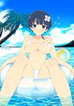  1girl blue_eyes blue_hair blush breasts cleavage female hair_ornament large_breasts looking_at_viewer micro_bikini navel senran_kagura short_hair sitting smile solo swimsuit yozakura_(senran_kagura) 