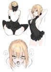  1girl arm_strap armpits arms_up artoria_pendragon_(all) ass back backless_swimsuit bare_back bare_shoulders black_bow black_legwear black_swimsuit blonde_hair blush bow breasts casual_one-piece_swimsuit covered_navel cropped_legs cum cum_in_mouth erect_nipples eyebrows_visible_through_hair fate/grand_order fate_(series) frilled_swimsuit frills hair_bow hair_bun heart heavy_breathing highres iriehana looking_at_viewer medium_breasts motion_lines multiple_views one-piece_swimsuit open_mouth saber_alter short_hair sideboob sidelocks simple_background sitting speech_bubble spoken_heart sweat swimsuit thighs tongue tongue_out tsurime white_background yellow_eyes 