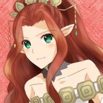  1girl aqua_eyes bare_shoulders blush breasts choker dress hair_ornament inanna long_hair pointy_ears ponytail red_background red_hair smile tales_of_(series) tales_of_innocence 