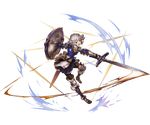  armor armored_boots blue_armor blue_eyes boots breastplate farrah_(granblue_fantasy) full_body gauntlets granblue_fantasy holding holding_weapon looking_at_viewer minaba_hideo official_art open_mouth pantyhose shield short_hair shoulder_pads simple_background solo sword thighhighs weapon white_hair 